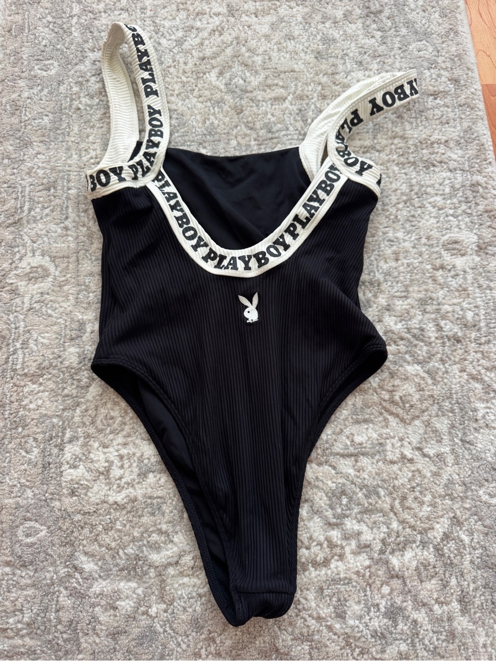 PLAYBOY Black Ribbed One-Piece Swimsuit with White Logo Trim